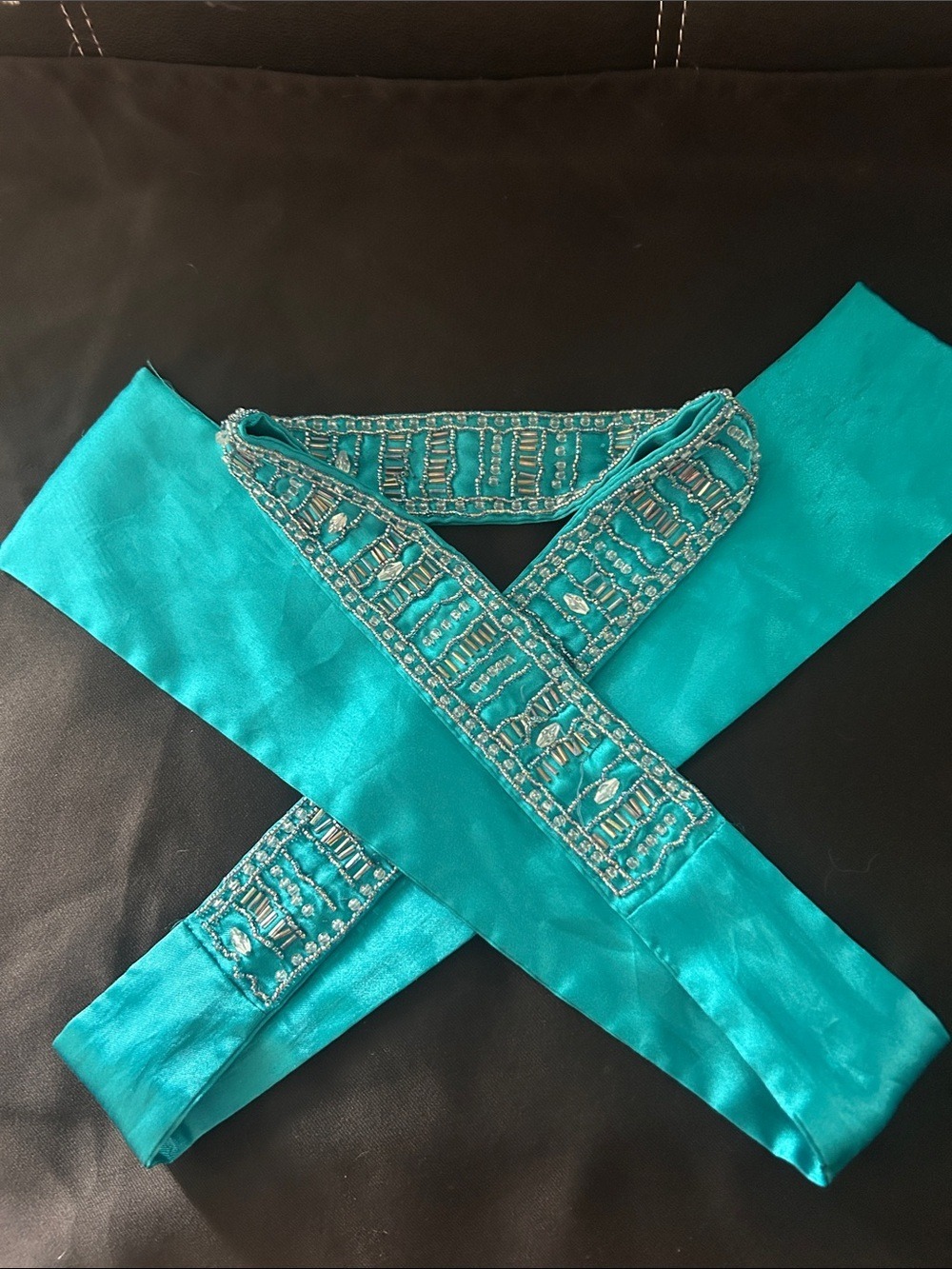 Turquoise Beaded Satin Sash Belt - 34 inches